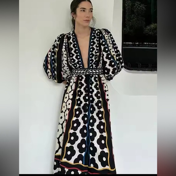 Floral V Neck Puff Sleeve Midi Dress - Picture 2 of 5